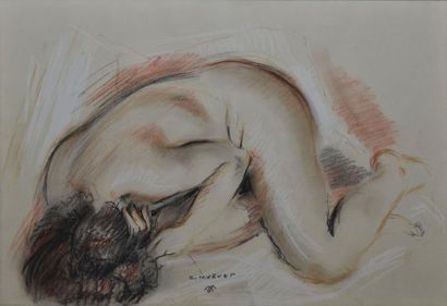 MUGUET Georges, 1903-1988 Modèle endormi, dessin aux trois crayons, signature et...