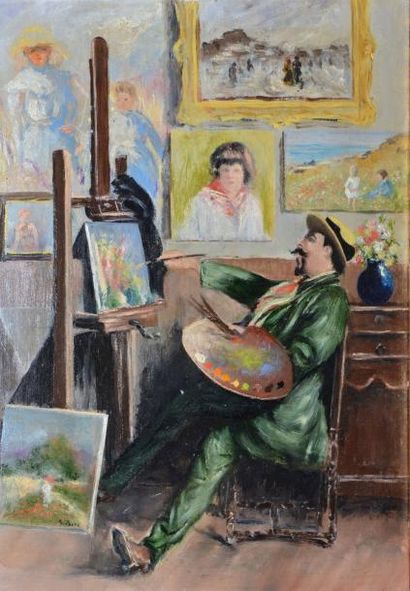 PESKE Géza, 1859-1934 Le peintre dans son atelier, huile sur carton, signé en bas...
