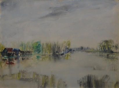 RÉMON Jean-Pierre, né en 1928 L'étang, aquarelle, signée en bas à droite, 48 x 63...