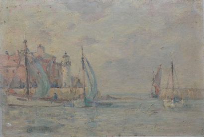 RUSSEL, début XXe siècle Entrée de port, huile sur toile, signée en bas à gauche,...