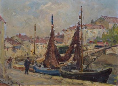 SALKIN Fernand, 1862-1914 Le séchage des filets à Martigues, huile sur panneau, signé...