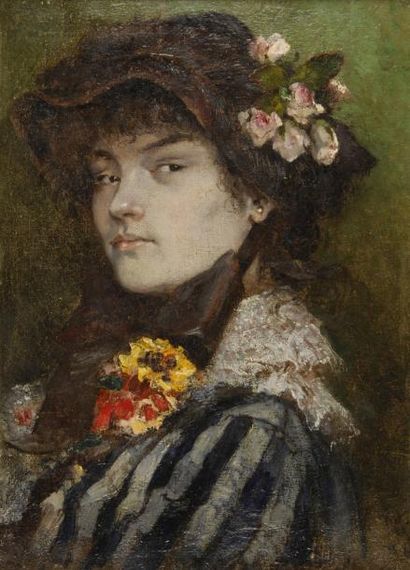 SAUNIER Octave Alfred, 1842/1843-1887 Jeune femme aux fleurs, huile sur toile (craquelures...