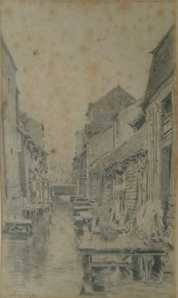 SAUNIER Octave Alfred, 1842/1843-1887 Maisons et cabanes sur le canal, Montargis...