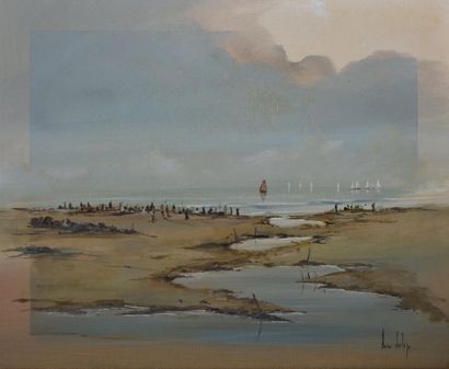 SUIRE-VERLEY Olivier, né en 1951 La grève à marée basse, huile sur toile, signée...
