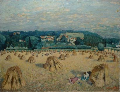 VOLANT Octave, XIX-XXe siècle Moisson à Presles, 1913, huile sur toile (petits accidents...