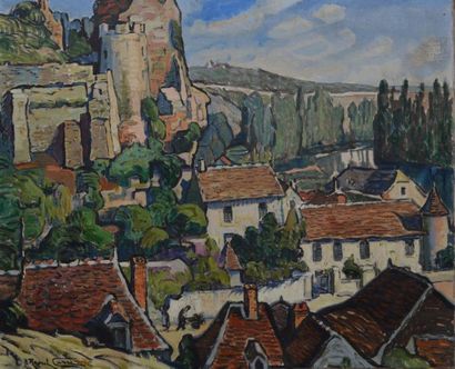 CARRÉ Raoul, 1868-1933 Village et fortifications à la rivière, huile sur toile (petits...