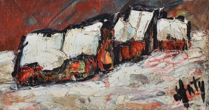 D'ANTY Henry, 1910-1998 Hameau sous la neige, huile sur toile (petit manque), signée...