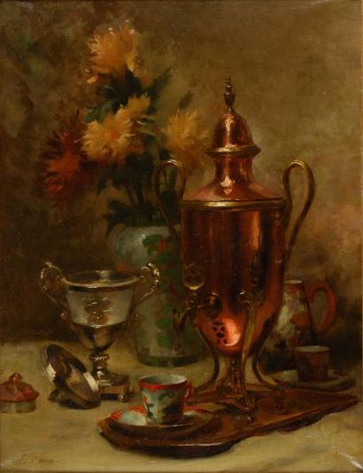 D'OTÉMAR Edouard Modérat, XIX-XXe siècles Samovar et fleurs, huile sur toile (restaurations),...