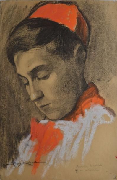 AUBERT René, 1894-1977 L'enfant de choeur, fusain et gouache sur papier beige (petits...