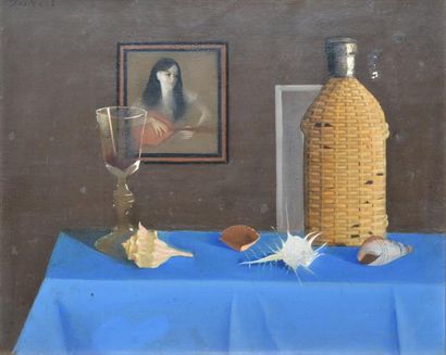 DECKERS, XXe siècle Composition à la nappe bleue, huile sur toile (taches, manques...