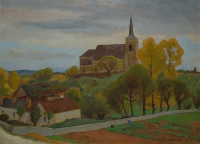 DESHAYES Frédéric, 1883-1970 L'église d'Asquin, Yonne, huile sur toile, signée en...