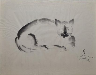 DESHIMA Schunko, XXe siècle Chat couché, 1933, lavis d'encre de Chine (déchirures,...