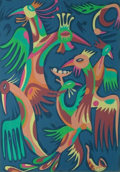 DJIBRIL Ndiage, né en 1945 Composition aux oiseaux, 1993, peinture sur papier marouflé...