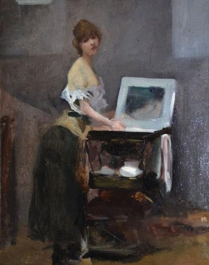 ÉCOLE FRANÇAISE, fin XIXe siècle Jeune femme à la toilette, huile sur toile (restaurations),...