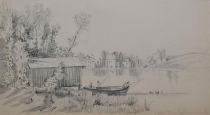 ÉCOLE FRANÇAISE, XIXe siècle Cabane de pêcheurs sur le Loiret, mine de plomb, non...