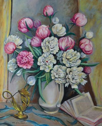 EHLINGER Christian, né en 1931 Bouquet de pivoines vénitien, huile sur toile, signée...