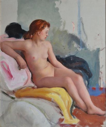 EHLINGER Maurice Ambroise, 1896-1981 Jeune fille nue rousse assise, esquisse à l'huile...