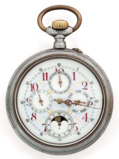 Anonyme Grande montre de gousset en métal dite " de Chemin de Fer ", triple quantième...