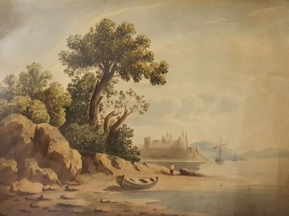 null ECOLE XIXeme siècle 

Chateau au bord de l'eau, 

aquarelle non signée

rousseurs,...