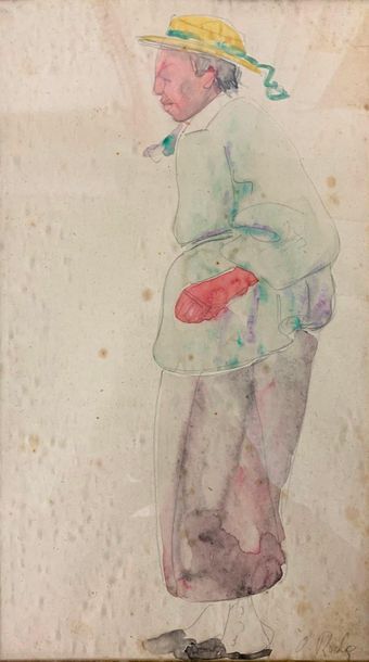 null ROCHE Odilon, 1868-1947,

Figure au chapeau,

aquarelle sur traits à la mine...