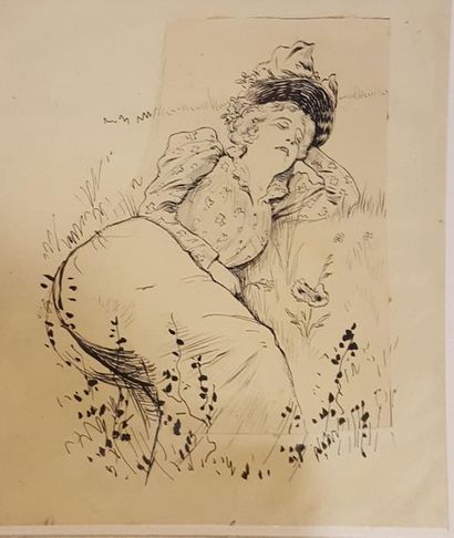 null Lot de 6 dessins 



TESTEULIDE Jehan ? (1873-1922)

Femme allongée dans l'herbe,

plume,...