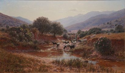 null GADAN Antoine, 1854-1934,

Shepherdess and her flock, North Africa,

oil on...