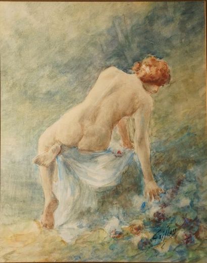 null GRIFFON Gabriel, 1866-1938,

Baigneuses aux fleurs,

aquarelle et rehauts de...