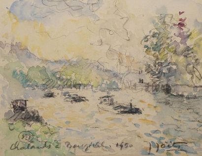 null JOËTS Jules, 1884-1959,

Bargees at Bougival, 1950,

watercolor and black pencil,...