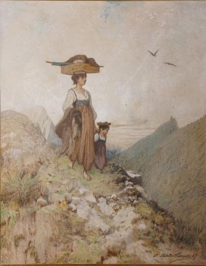null JOLY DE SAINT FRANÇOIS Léon, 1822-1886,

Mère et enfant dans la montagne, 1867,

pastel...