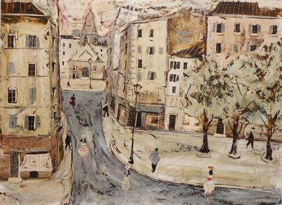 null LEVIER, 20th century,

City and passers-by, 1955 or 1965,

oil on cardboard...