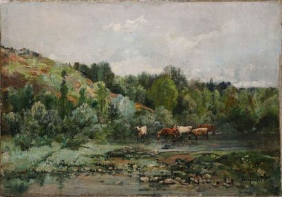 MATIFAS Louis, 1847-1896,

Vaches au ruisseau,

huile...