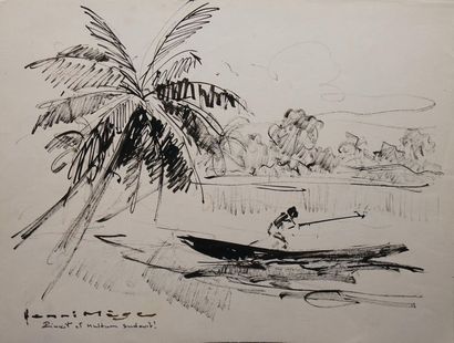 null MÈGE Henri, 1904-1984,

Exotic Landscapes - Head study - Cartoon,

three gouache...