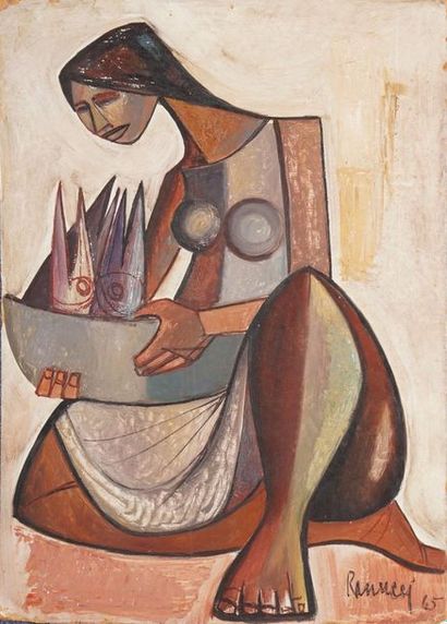 null RANUCCI Lucio, 1925-2017,
Woman with fish basket, 1965,
oil on isorel (small...