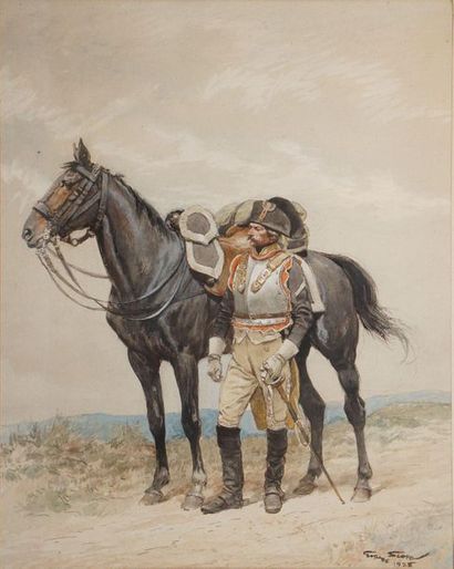 null SCOTT Georges, 1873-1942,

Cavalry officer and his mount, 1928,

watercolour...