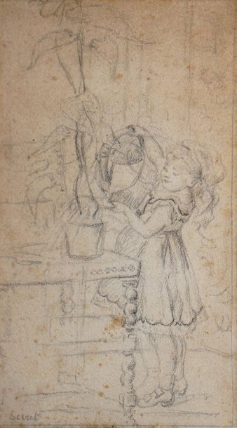 null SERRET Charles, 1824-1900,
Girl watering flowers, black
pencil (sunstroke and...