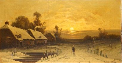 null STUART R. T., 19th century,

Back to the village under the snow,

oil on canvas...