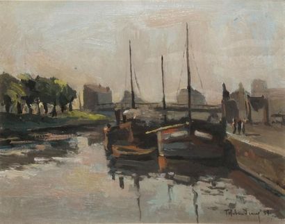 null THIBAUDEAU Roger, born in 1920,

Barges in the morning, 1951,

oil on cardboard,...