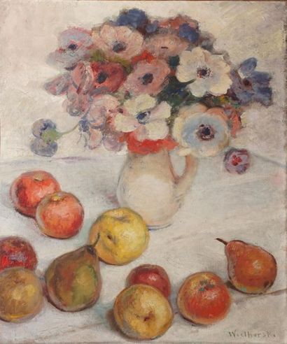 null WIELHORSKI Alain, 1950-2015,

Apples, pears and anemones,

oil on canvas (traces...