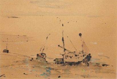null BERTRAM Abel, 1871-1954,

Bateaux échoués à Valery sur Somme,

aquarelle et...