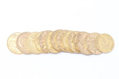 null Lot composé de 13 pièces en or de 20 francs Napoléon III Tête laurée

- 4 x...