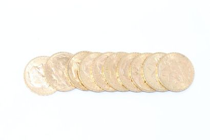 null Lot de 10 pièces en or de 20 francs Coq (1907).

TTB à SUP.

Poids : 64.41g...