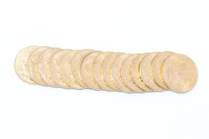null Lot de 15 pièces en or de 20 francs Coq (1913).

TTB à SUP.

Poids : 96.75 ...