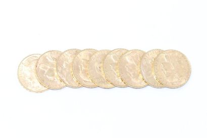 null Lot de 9 pièces en or de 20 francs Coq (1914).

TTB à SUP.

Poids : 58.05 g...