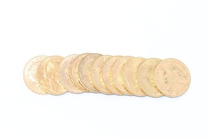 null Lot de 11 pièces en or de 20 francs Coq (3 x 1909 ; 2 x 1912 ; 2 x 1905 ; 2...