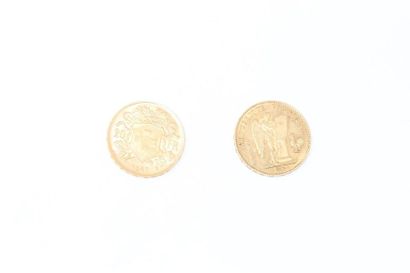 null Lot de 2 pièces en or de 20 francs :

- 1 pièces de 20 Francs au Génie (1878...