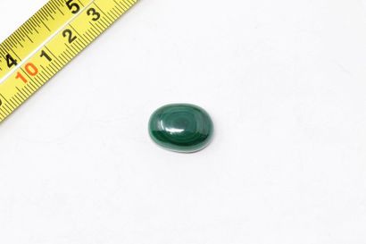 null Malachite cabochon. 

Weight: approx. 34.10 cts. 

A metal frame is attached....