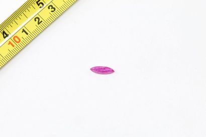 null Ruby shuttle. 

Probably Mozambique. 

Weight: approx. 1.75 ct.

A metal frame...