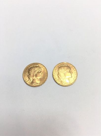 null Deux pièces en or de 20 francs au Coq (1908 ; 1909)
TTB à SUP. 
Poids : 12.90...