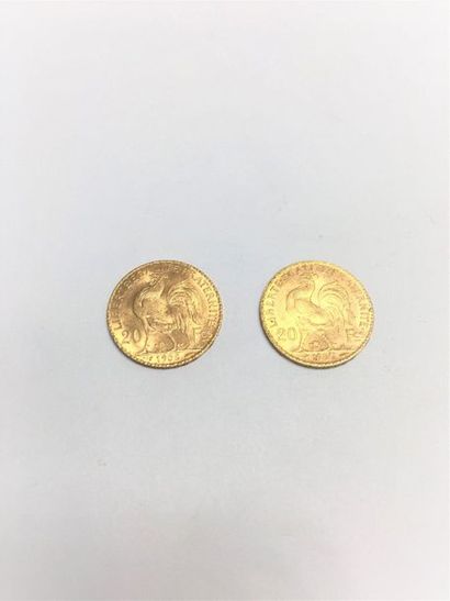 null Deux pièces en or de 20 francs au Coq (1908 ; 1909)
TTB à SUP. 
Poids : 12.90...