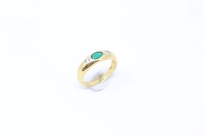 null Silver ring, one imitation green stone in closed setting supported by two white...